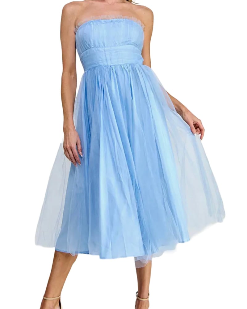 Front of a model wearing a size L Lucienne Tulle Strapless Dress in Blue in Blue by The Vintage Shop. | dia_product_style_image_id:337418
